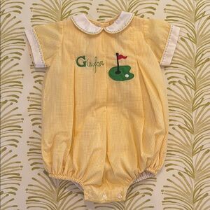 The Proper Peony Yellow Baby Romper with Golf Embroidery